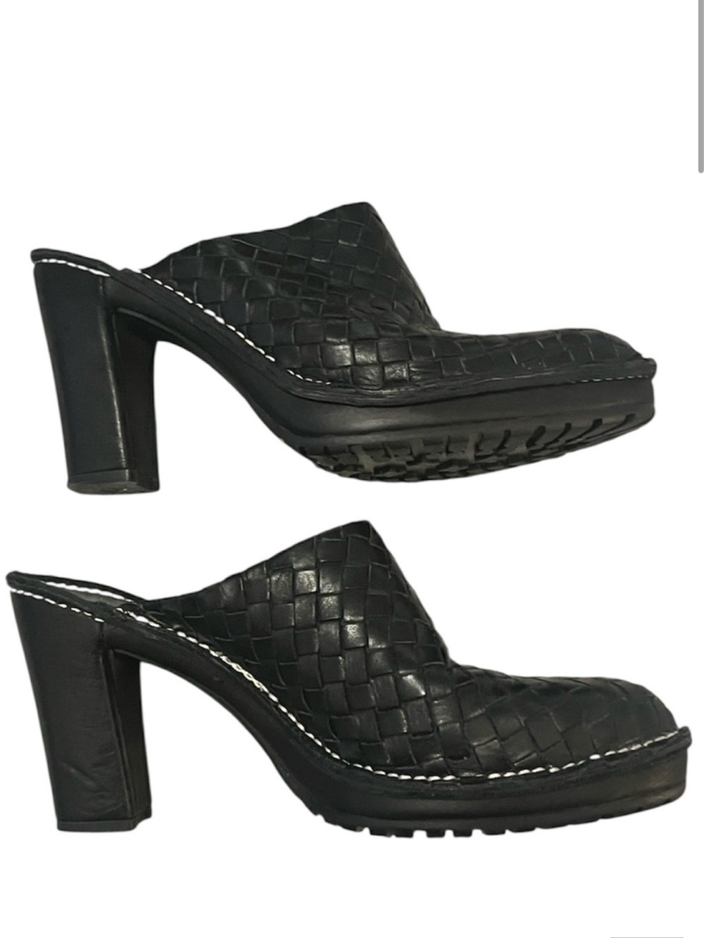 Donald Pliner Womens Black Woven Leather Busy Heeled Platform Mule Clog Shoes